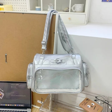 Qfdian Preppy Jk Girls Women's Handbags Japanese Pu Leather Transparent Backpacks Korean Vintage Y2k Aesthetic Trendy Shoulder Handbags